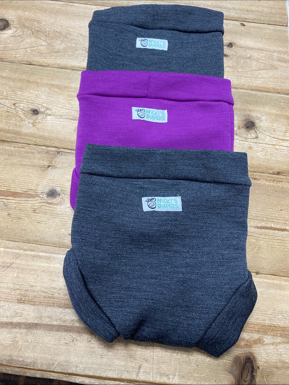 Kids 9-16Lb 95% merino wool. Pull-On Training Pants - Charcoal & Purple